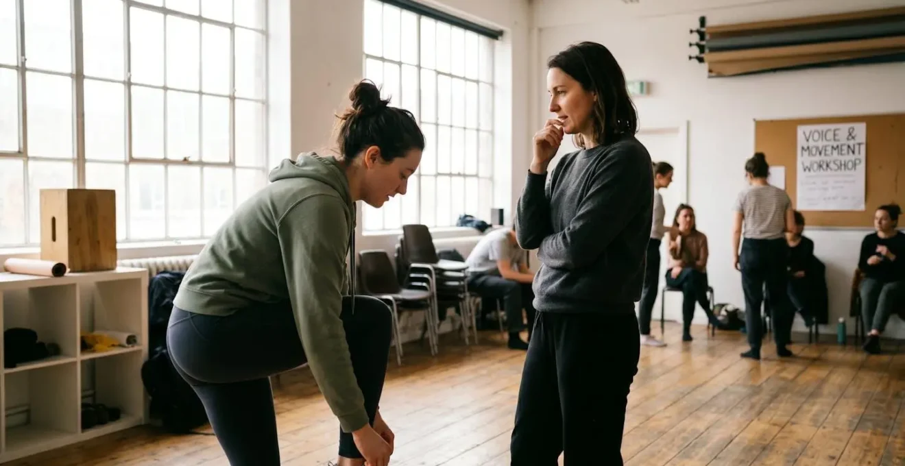 Deux personnes vues de profil se préparent en silence avant un exercice de théâtre dans un studio lumineux