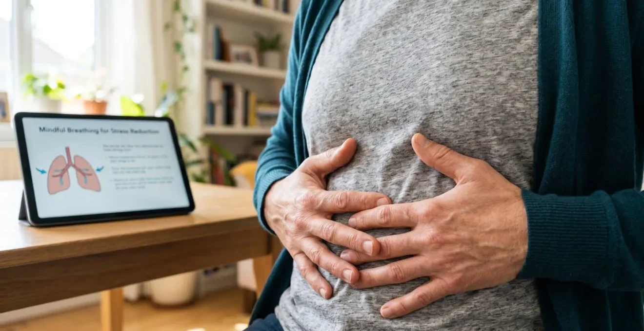 Gros plan sur des mains posées sur l'abdomen pour pratiquer la respiration diaphragmatique lors d'un exercice