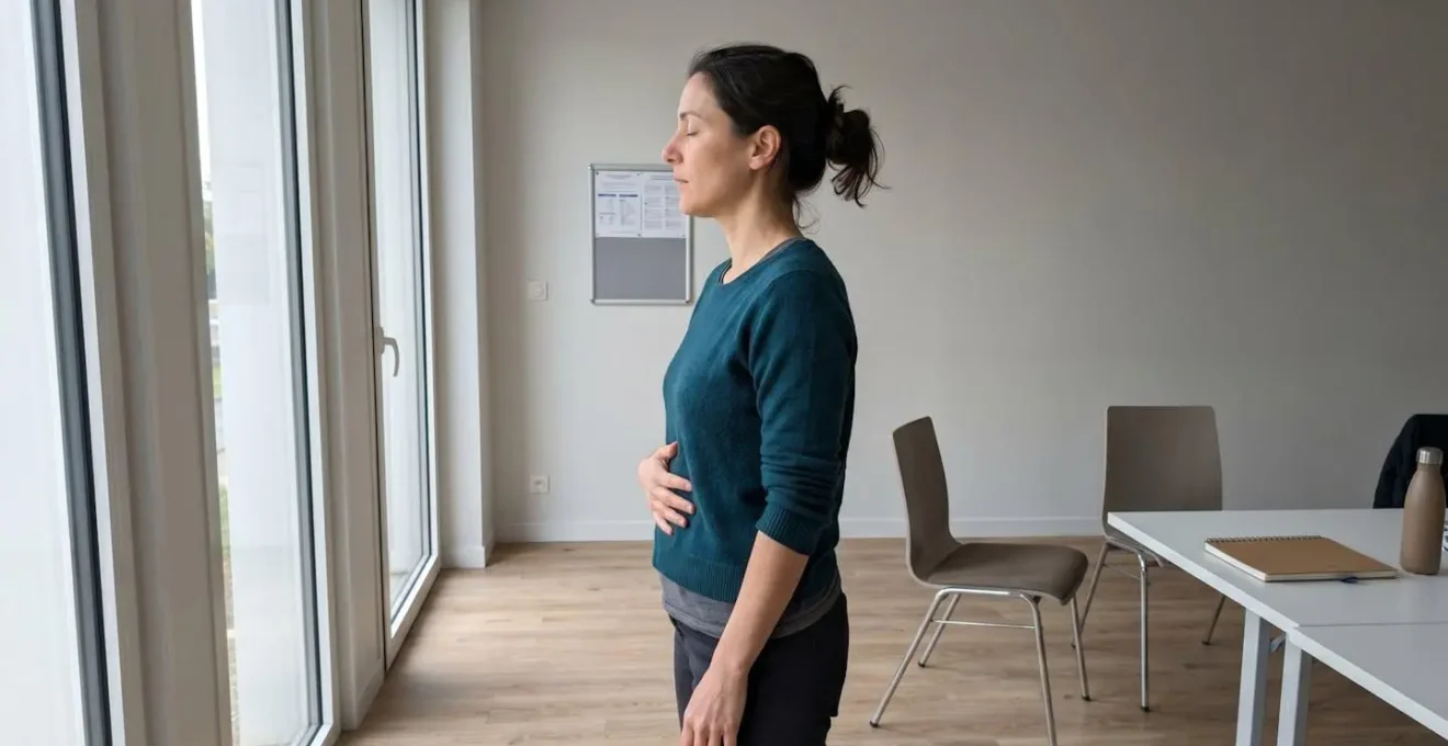 Personne de profil pratiquant un exercice de respiration avec la main sur l'abdomen dans une salle de formation contemporaine lumineuse