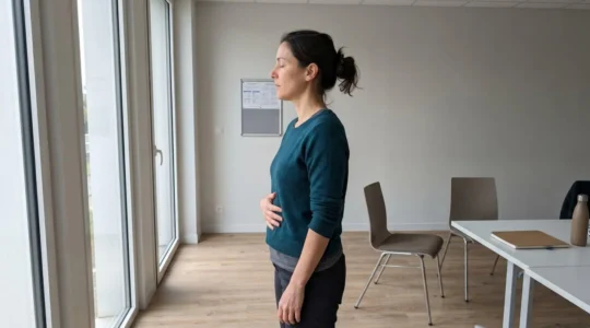 Personne de profil pratiquant un exercice de respiration avec la main sur l'abdomen dans une salle de formation contemporaine lumineuse