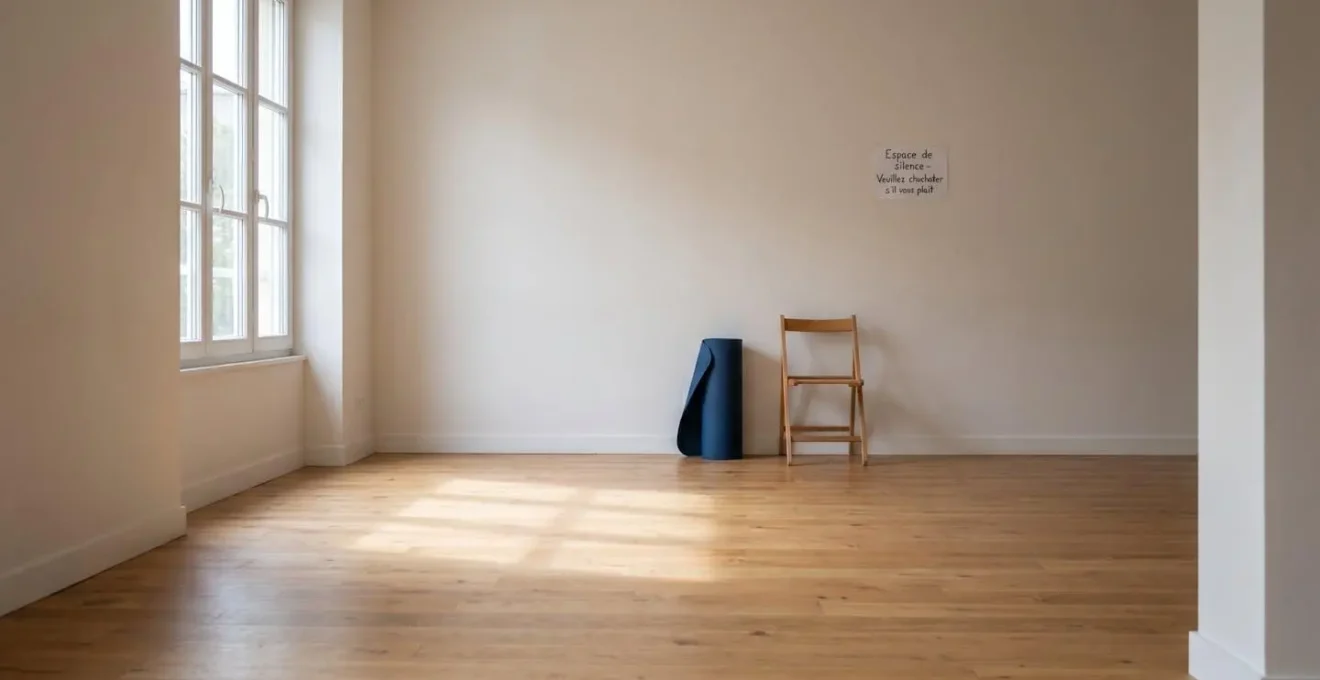 Salle de pratique contemporaine vide avec lumière naturelle, tapis de sol et chaise suggérant un espace dédié aux exercices de respiration